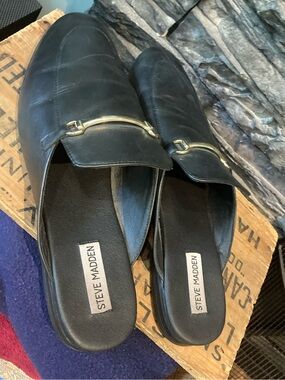 Steve Madden Black Leather Slip-On Mules with Gold Bit